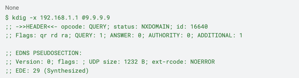 Terminal output showing a kd ig command querying reverse DNS for 192.168.1.1 via 9.9.9.9 with status NXDOMAIN and EDNS pseudo section details.